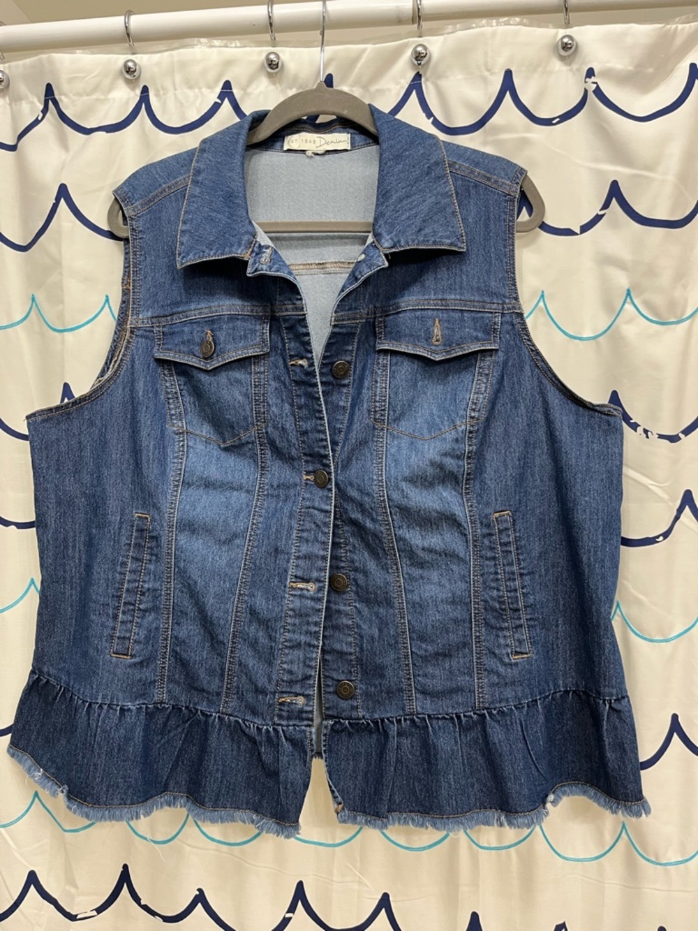 Denim Sleeveless Button-Front Vest with Ruffle Hem - Medium Blue